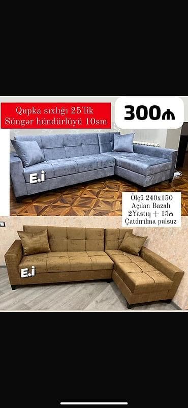 Künc divan – açılan bazalı model - Ölçü: 240 × 150 sm - Qupka