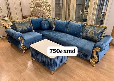 kreditle divan: Klassik üslubda L formalı yumşaq mebel dəsti - Rəng: dərin mavi - — 1