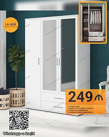 3 qapılı, Siyirməli, Ağ, Açılan, Düz dolab