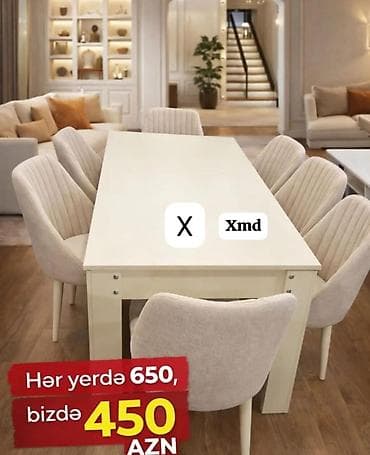 kohnə stul: Ağ-bej tonlarında yemək otağı dəsti. Dəst 1 ədəd uzun düzbucaqlı masa — 1