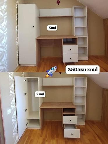 Dəst: iş masası + dolab + rəf sistemi - Geniş iş masası: taxta