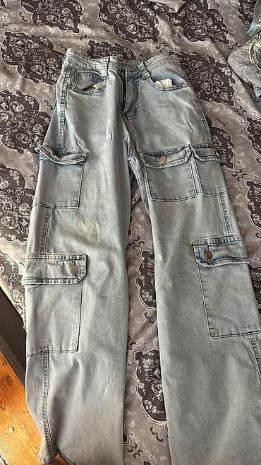 jeans salvar: Açıq mavi rəngli denim kargo şalvar - Model: geniş kəsim, düz balaq - — 1