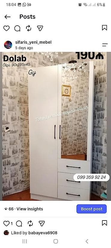 paltar dolab: Ağ rəngli paltar dolabı - Model: Dolab - Ölçü: 90 x 195 x 45 sm (eni — 1