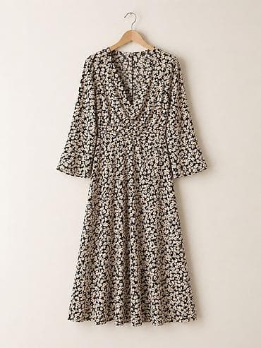 Qızılı-bej çiçək naxışlı, qara fonlu midi don - Model: A-kəsimli