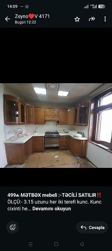 quxna mebli: *499₼ MƏTBƏX mebeli :-TƏCİLİ SATILIR*‼️ ÖLÇÜ:- 3.15 uzunu her iki — 1