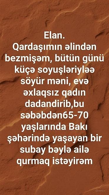 tap az bagban teleb olunur: Xidmət: Ailə qurmaq üçün tanışlıq elanının yerləşdirilməsi Təsvir: - — 1