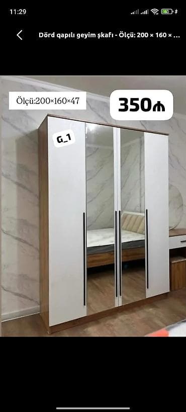 dolab gence: Yeni, 4 qapılı, Güzgülü, Ağ, Açılan, Düz dolab — 1