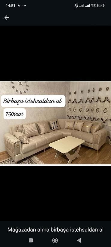 reception masa: Künc divan dəsti – birbaşa istehsaldan - Şık bej rəngli L-formalı — 1