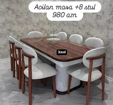 Açılan masa + 8 stul dəsti - Zərif, müasir dizayn: dairəvi künclü