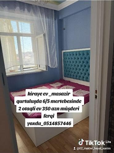 Kiraye ev _masazir qurtuluşda 6/5 mertebesinde 2 otaqli ev 350 azn