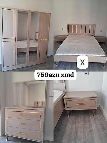 dekor ref: Yataq otağı dəsti - Rəng: açıq bej, qızılı dekor xəttləri və — 1