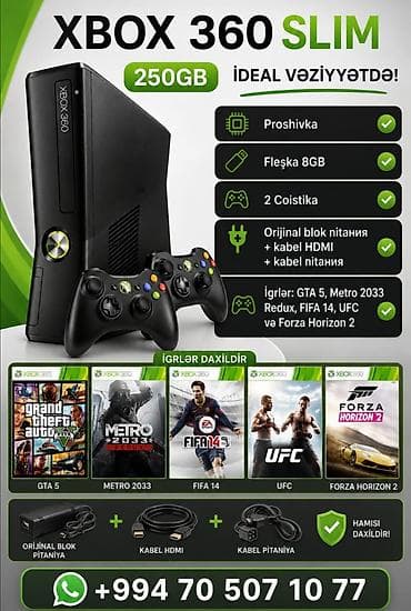 Xbox 360 Slim 250GB, ideal vəziyyətdə + 2 pult + oyunlar Xbox 360