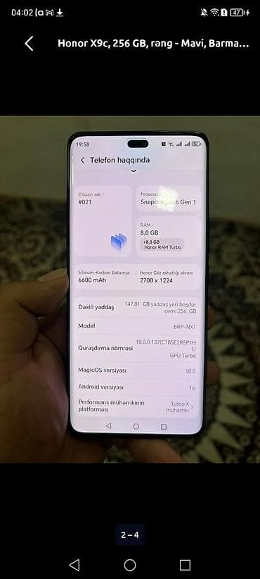 telefon honor x9b: Honor X9c, 256 GB, rəng - Qara, Zəmanət, Sensor, Barmaq izi — 4