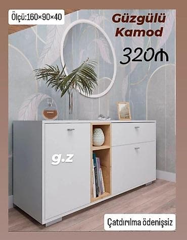 Güzgülü kamod - Ölçü: 160 × 90 × 40 sm - Rəng: ağ korpus, açıq ağac