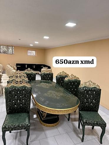 bar stolu: Ziyafət dəsti – masa və 8 ədəd stul - Rəng: tünd yaşıl və qızılı — 1