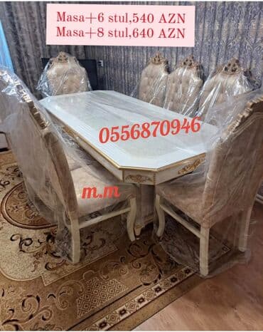 Qonaq otağı üçün, Yeni, Açılmayan, Dördbucaq masa, 6 stul