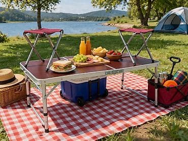 Dördbucaq masa, 2 stul, Qatlanan, Stullar ilə, Alüminium