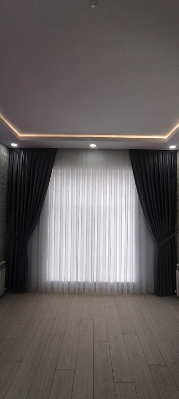 Qara qatı pərdə + ağ tül dəsti - İkiqat dizayn: xaricdə qrafit/qara