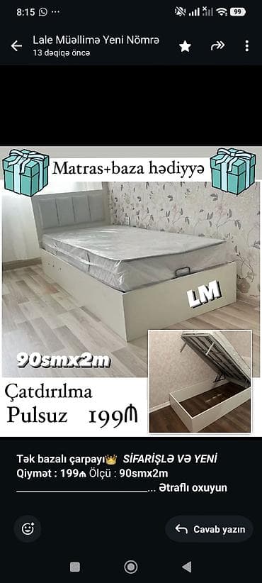 tek kravat: *Tək bazalı çarpayı*👑 _*SİFARİŞLƏ VƏ YENİ*_ *Qiymət : 199₼* Ölçü  — 3