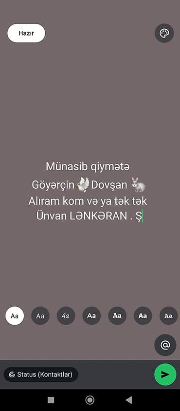 heyvanlar quşlar: Münasib qiymətə göyərçin və dovşan alınır. Toplu şəkildə (kom) və ya — 1
