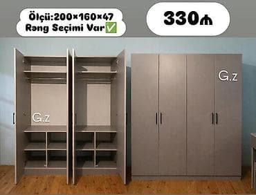 Yeni, 4 qapılı, Boz, Digər material, Açılan, Düz dolab