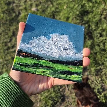 dekor divar sekilleri: Mini akril boya tablo – “Buludlu çəmənlik” motivi - Texnika: akril — 4