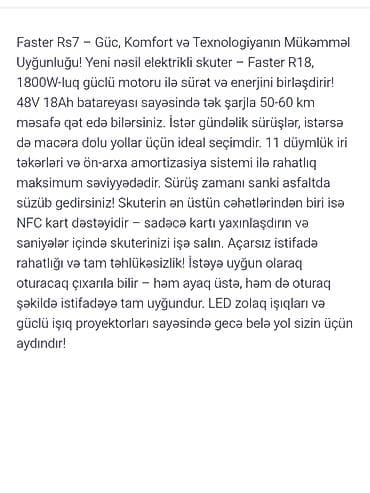 skute: Faster RS7 elektrikli skuter – güc, rahatlıq və texnologiyanın ideal — 2