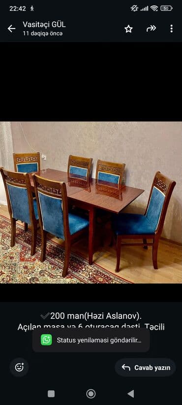 bag ucun stol stul satilir: ✔️200 man(Həzi Aslanov). Açılan masa və 6 oturacaq dəsti. Təcili — 1