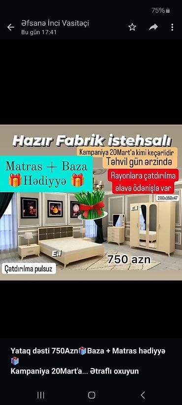 islenmis matras: *Yataq dəsti 750Azn🎁Baza + Matras hədiyyə🎁* *Kampaniya 20Mart'a kimi — 2
