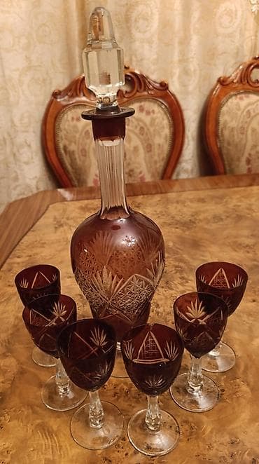 xrusta: Kəsmə naxışlı qraf və qədəh dəsti - Material: qalın, şəffaf kristal — 1