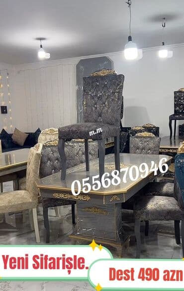 stul ev ucun: Qonaq otağı üçün, Yeni, Açılmayan, Dördbucaq masa, 6 stul — 2