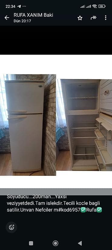 Soyuducular: Soyuducu – iki qapılı, üst kamerada dondurucu, aşağıda geniş soyutma — 1