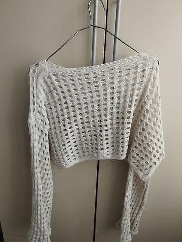 off white duks: Hamının görmekden bezdiyi açıq hörgülü qısa sviter (cropped), krem/ağ — 1