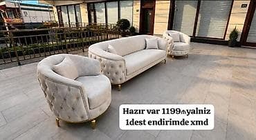 metbex ucun kunc divan: Lüks salon mebel dəsti – 1 divan + 2 kreslo - Rəng: açıq bej/şamppi — 1