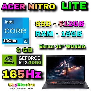 Yeni Acer Nitro, 16 ", Intel Core i5, 512 GB, Ödənişli çatdırılma, Rayonlara çatdırılma, Ünvandan götürmə