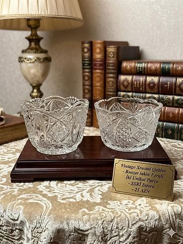 Vintage xrustal qablar — 2 ədəd - SSRİ dövrünə aid, əl işi oyma