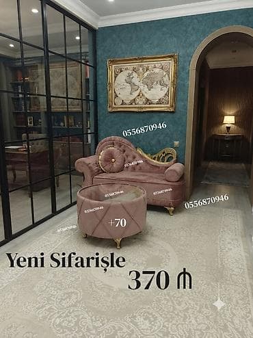 Klassik üslubda divan-şezlong və puf dəsti - Model: zərif qızılı