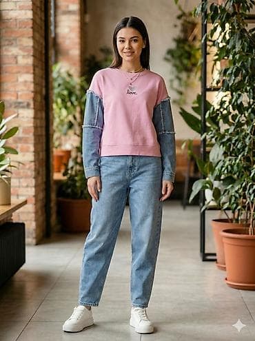 Baş geyimləri: Qızlar üçün casual sweatshirt - Rəng: açıq çəhrayı gövdə, mavi denim — 1