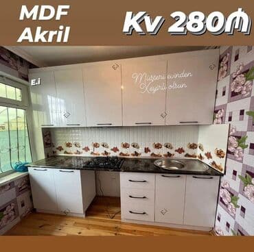 metbex ucun moyka: Mətbəx mebeli – MDF Akril - Üst və alt dolablar: parlaq ağ akril MDF — 1