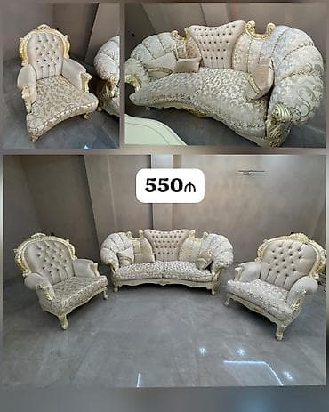 Klassik üslubda 1 divan + 2 kreslodan ibarət dəst. Krem-bej rəngli — 1