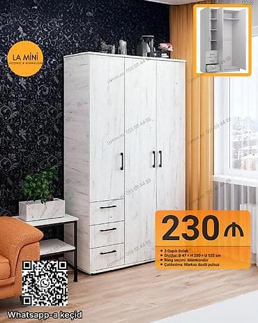 3 qapılı, Siyirməli, Ağ, Taxta, Açılan, Düz dolab