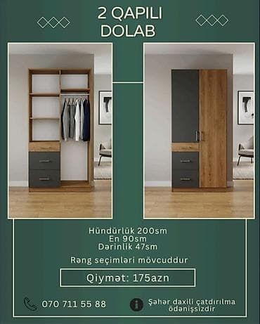 ayaqqabı dolabı tap az: 2 qapılı geyim dolabı - Ölçülər: hündürlük 200 sm, en 90 sm, dərinlik — 1