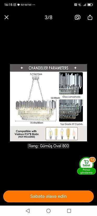 pakrival qiymetleri: Çılçıraq, 8 lampa, Metal — 1