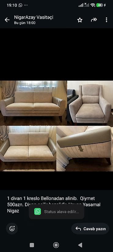 selta acar desti: 1 divan 1 kreslo Bellonadan alinib. Qiymet 500azn. Divan acilir — 1