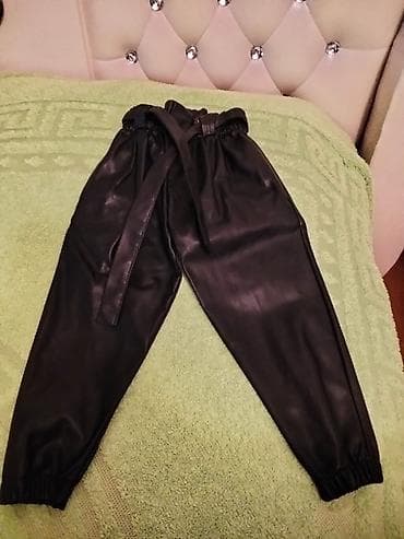 Qadınlar üçün qara eko‑dəri şalvar - Model: yüksək belli, “paperbag” — 1