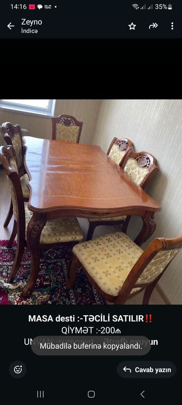 taburetka satilir: Qonaq otağı üçün, Açılmayan, Dördbucaq masa, 6 stul — 1