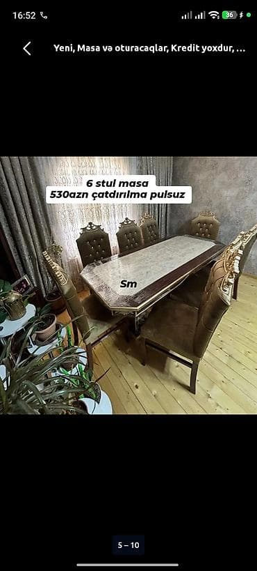 merbex masa: Qonaq otağı üçün, Yeni, Dördbucaq masa, 6 stul — 1