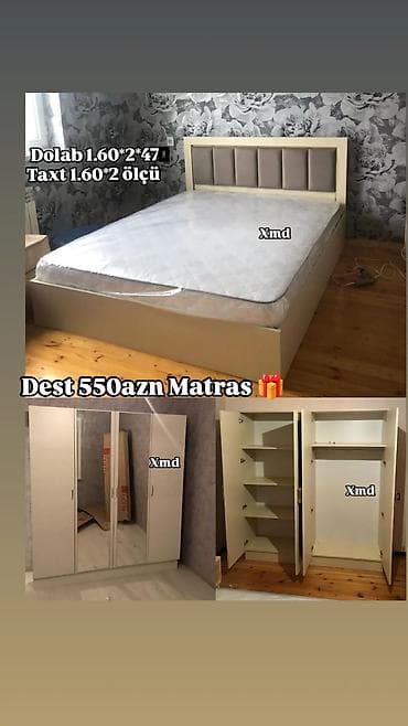 Мебель для дома: Yataq otağı dəsti - Taxt ölçüsü: 1.60 × 2.00 m - Dolab ölçüsü: 1.60 × — 1