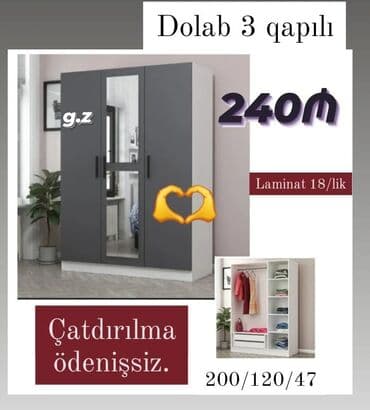 Divan və masa dəstləri: Yeni, Açılan, 3 qapılı Düz dolab, Qarderob, paltar dolabı — 1