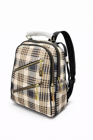 mini çanta: Qadın üçün dama naxışlı çoxbölməli bel çantası - Rəng/naxış: bej — 2